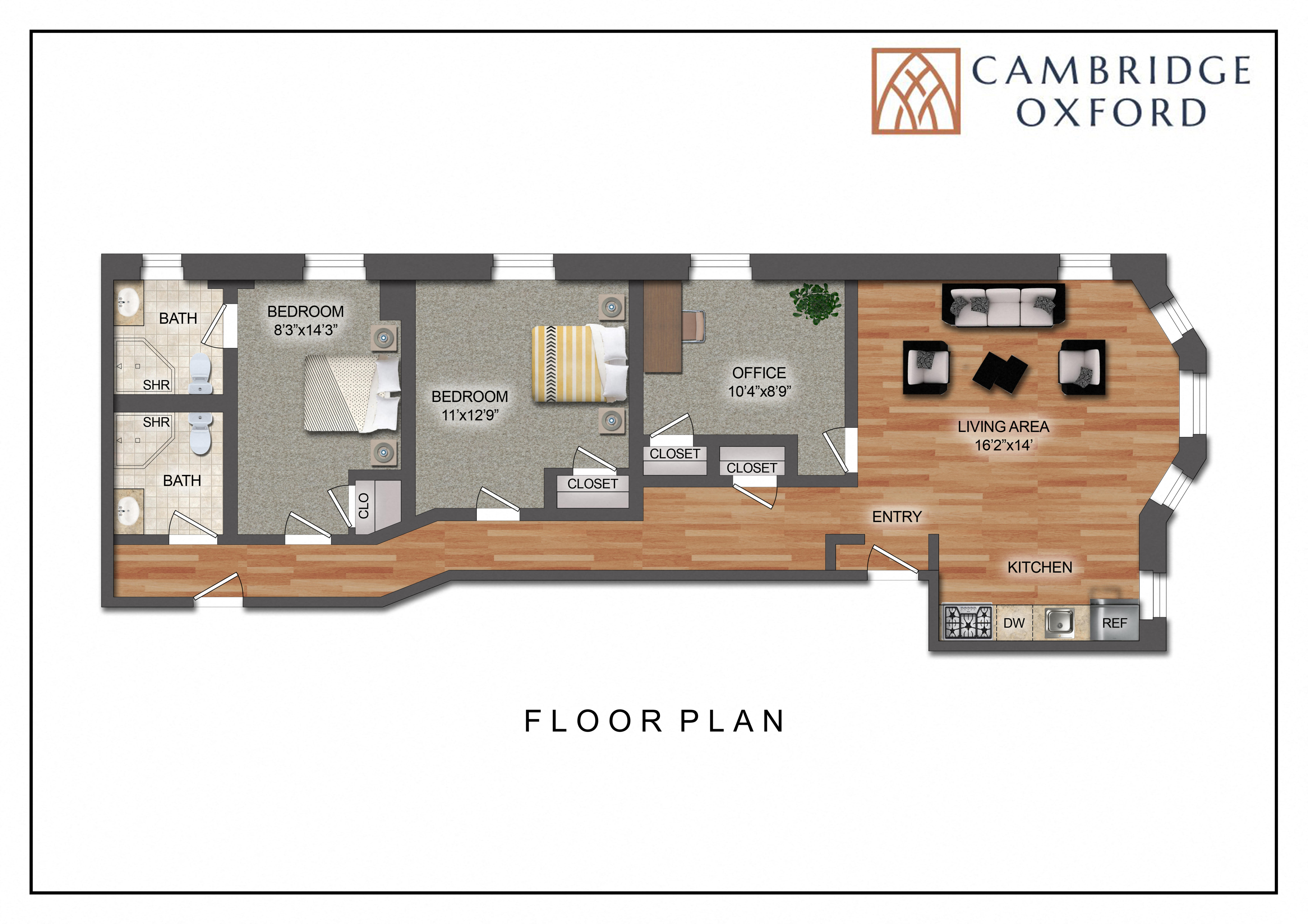 Floor plan for 2 beds, 2 baths, 975 sqft